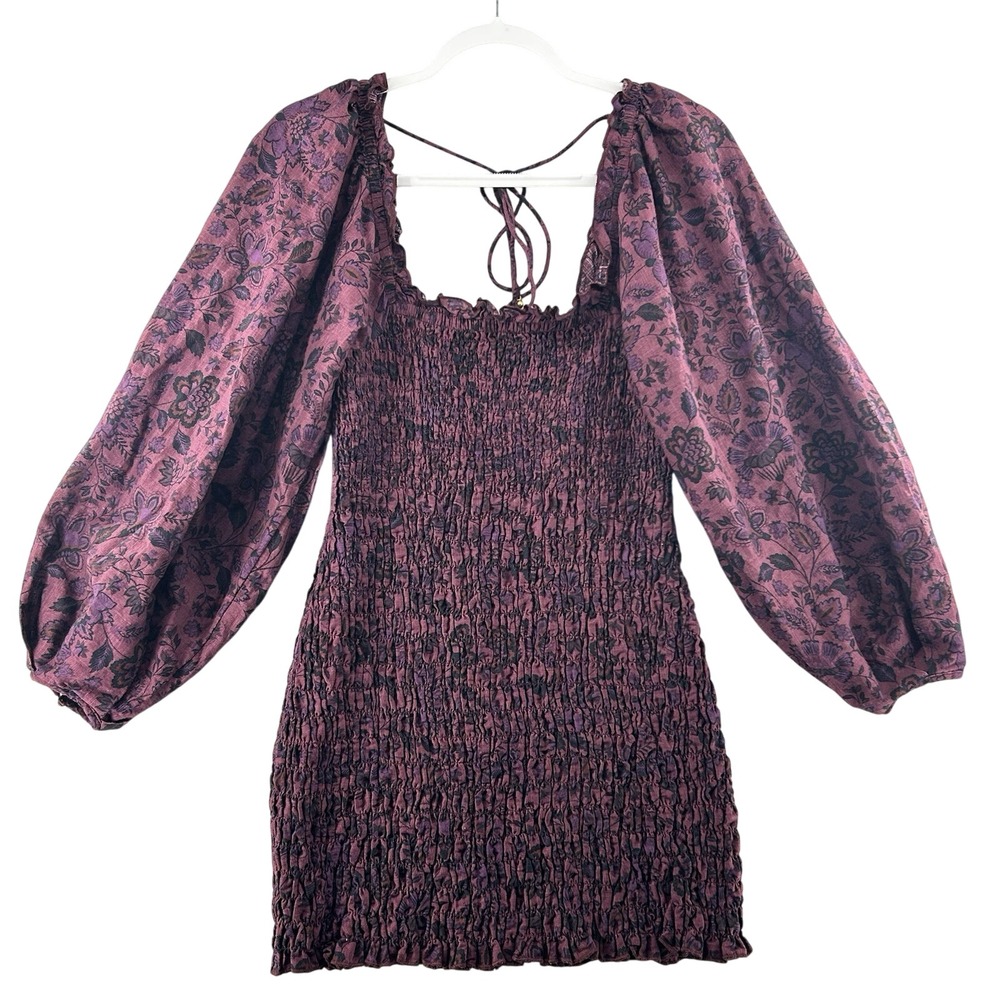 Free People Smock It‎ To Me Mini Dress Womens Size Small Puff Sleeve Floral Boho